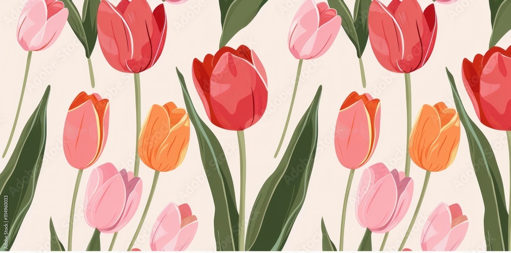 Colorful tulips illustration with a variety of shapes and shades, creating a vibrant floral pattern on a soft beige background. Perfect for spring themes and decorations. Colorful tulips illustration with a variety of shapes and shades, creating a vibrant floral pattern on a soft beige background. Perfect for spring themes and decorations.