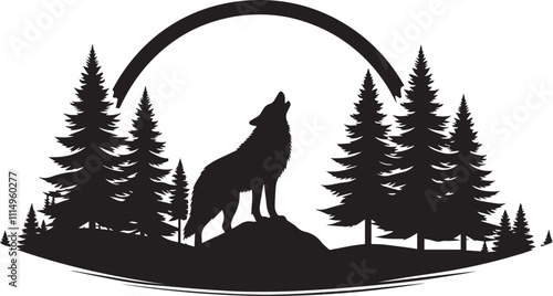 A lone wolf howling with tall pine trees in the background black vector silhouette