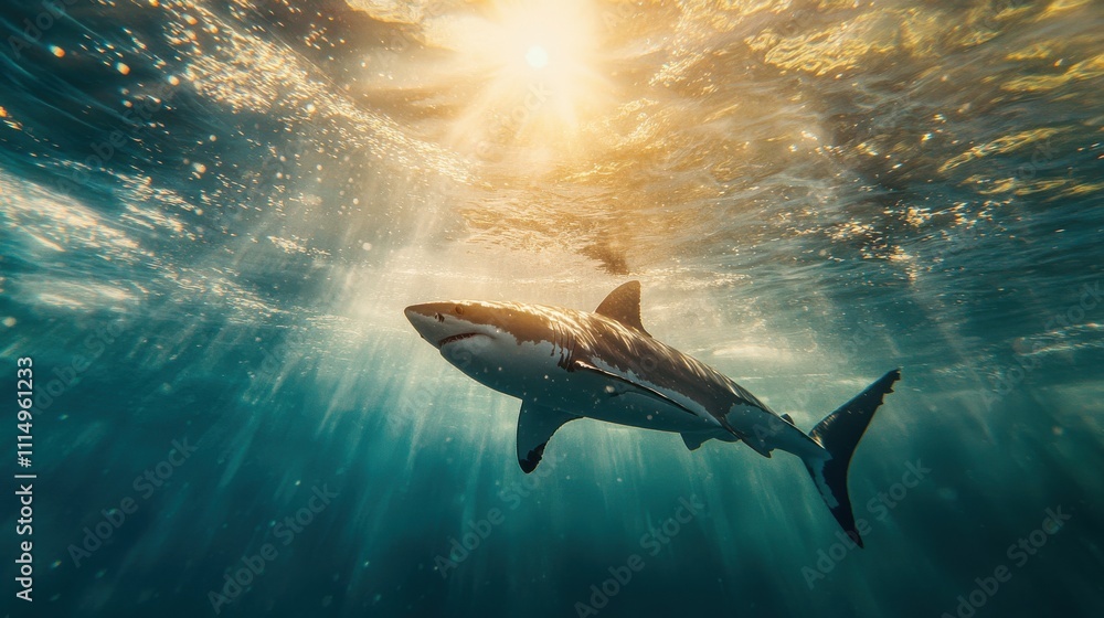 Fototapeta premium Majestic Great White Shark Gliding Through Sunlit Ocean Waters with Rays of Light Piercing the Surface Beneath the Waves and Creating a Stunning Aquatic Scene