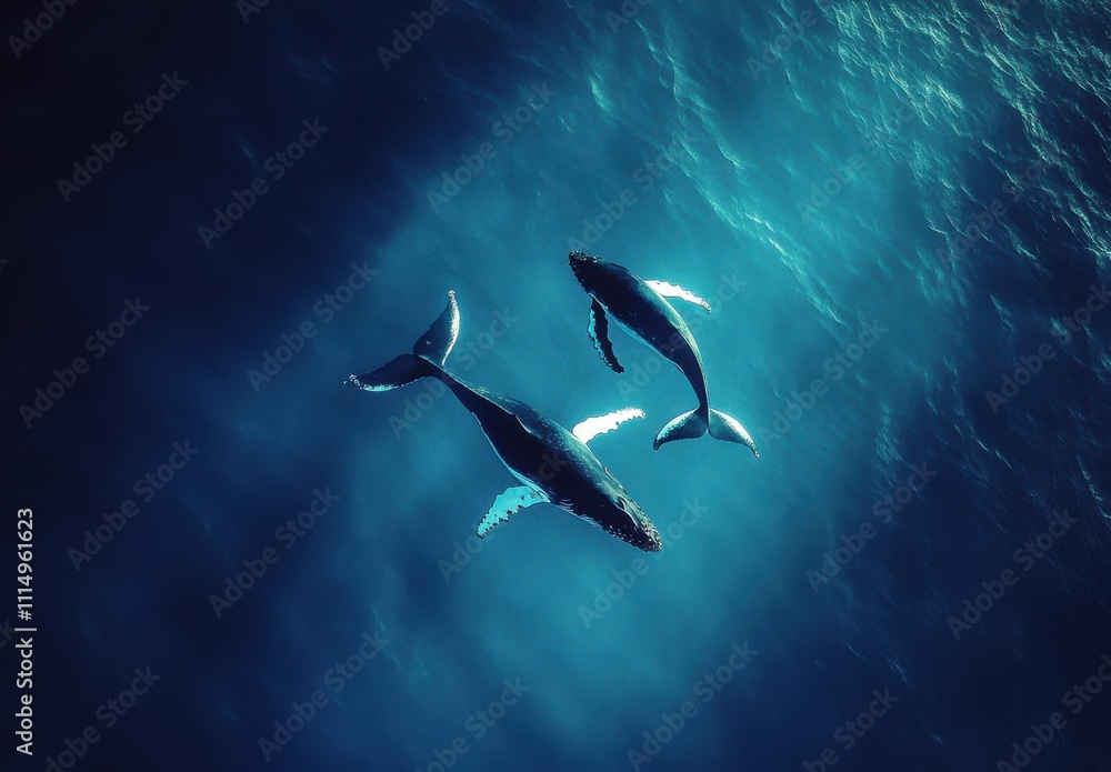 Fototapeta premium Majestic Humpback Whales Swimming Gracefully Beneath the Ocean Surface, Illuminated by Soft Sunlight, Creating a Serene and Captivating Underwater Scene