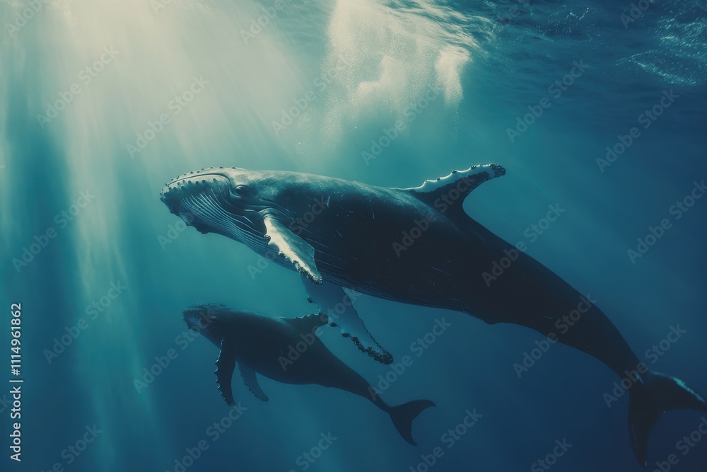 Fototapeta premium Majestic Humpback Whales Swimming Underwater with Sunlight Filtering Through Ocean Surface in a Peaceful Marine Environment