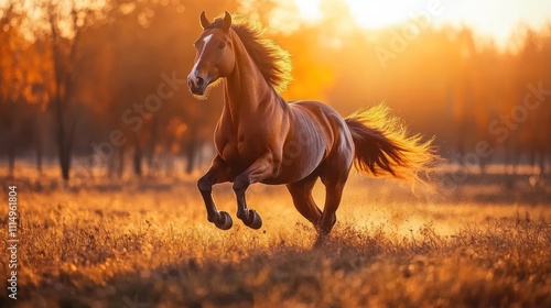 A chestnut horse gallops through a golden field at sunset, with a majestic mane and tail flowing in the wind. photo