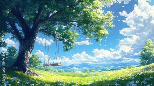 Fototapeta Naklejka Na Ścianę i Meble -  Serene swing in tree under blue sky with clouds in vibrant anime style digital painting