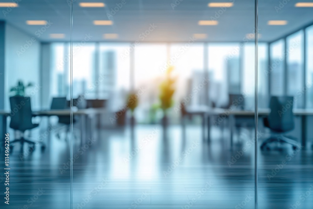 Modern Office Interior with Blurred Glass Partition and Soft Natural Lighting