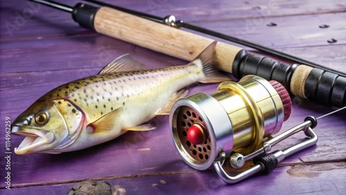 A Close-up of a Fishing Lure, Rod, and Reel on a Purple Wooden Surface