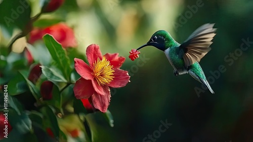 Green Hummingbird Feeding on Red Flower Nectar photo