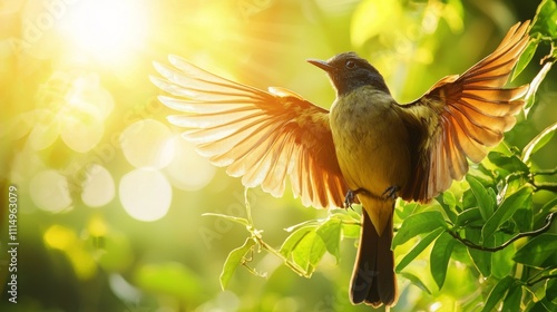 Liberian Greenbul Spreading Wings in Golden Light photo