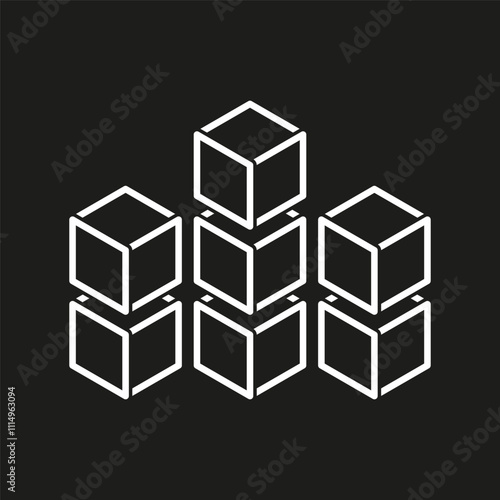 3D cube icon. Geometric box symbol. Stackable blocks vector. Abstract black outline.