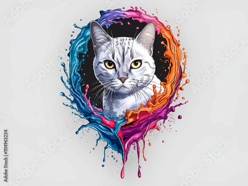 artistic cat illustration with vibrant colorful splash background and expressive feline portrait photo