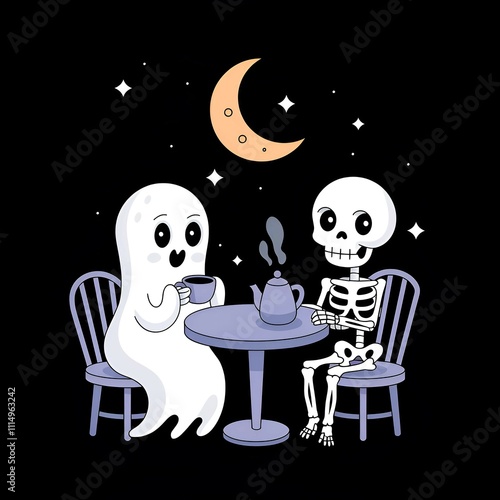 whimsical ghost and skeleton having tea under crescent moon in spooky yet charming illustration photo