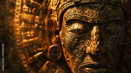 Ornate golden mask with intricate Mesoamerican inspired motifs and patterns, featuring a prominent eye and detailed swirling designs. Treasure of gold for an epic background of a wallpaper photo