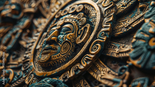 Macro shot of an exquisitely detailed golden Mesoamerican mask, showcasing its complex array of textured spirals, geometric shapes, and intricate relief carvings. Turquoise and golden colors. photo