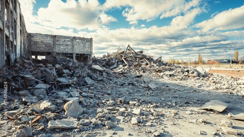 A collapsed building with rubble scattered across the ground after a powerful earthquake.