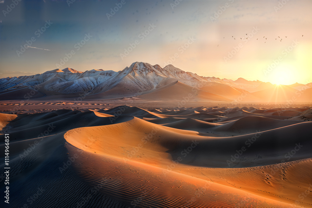 Fototapeta premium sunset over the desert , the dunes and mountains in the background.