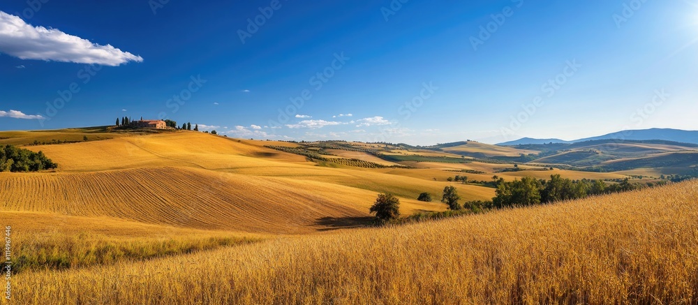Obraz premium Harvest of Labor. A bright sun casts its light over golden wheat fields, symbolizing the readiness of the harvest and the culmination of effort. 