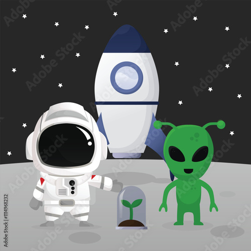 Astronaut landing in the moon with rocket meeting alien give plant chibi cute flat art simple vector illustration big head with detail and moveable part perfect for kids book cover or design asset
