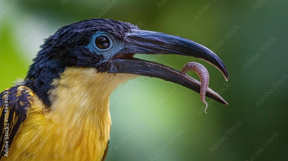 Fototapeta premium Yellow breasted bird holding worm in beak