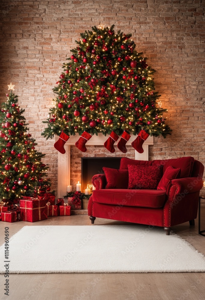 Holiday Spirit in a Living Room with a Fireplace and Christmas Decor Holiday Spirit in a Living Room with a Fireplace and Christmas Decor