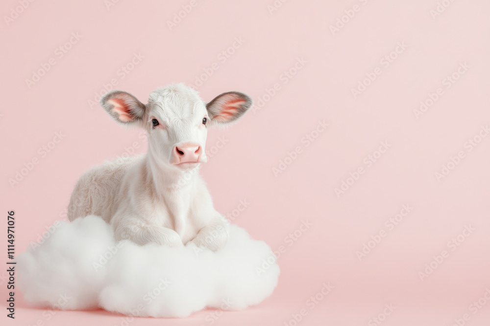 Fototapeta premium cute calf resting on fluffy cloud against pink background