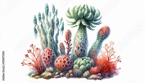 Cryptophyte plants in watercolor illustration with loose and fluid forms, photo