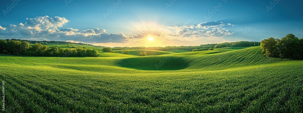 Obraz premium Vibrant Green Field Under Bright Blue Sky with Soft Sunlight and Clouds in Scenic Landscape