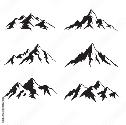 Mountain Ranges Silhouette Collection: Himalayas, Rockies, Andes, and Alps. white background