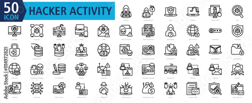 HACKER ACTIVITY ICONSET OUTLINE STYLE with hacker,hacker activity,hack,worms,trojan horse,bug,malware,malware,hacking,device
