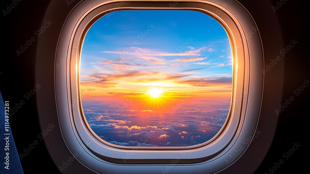 a photostock of a single airplane window view with clear skies and soft light, serene travel 2025