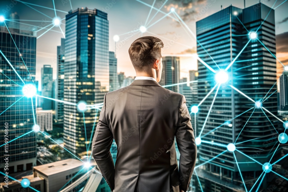 Fototapeta premium Business man on future network city