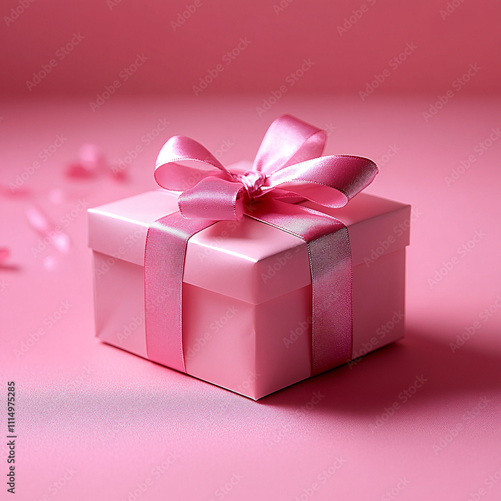 Obraz premium Elegant pink gift box with satin ribbon on a pastel pink surface, perfect for Valentine's Day, anniversaries, or holiday gifting. Creates a cheerful atmosphere.