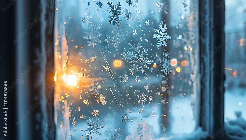 Fototapeta premium frosty window with snowflakes outside and warm glow inside