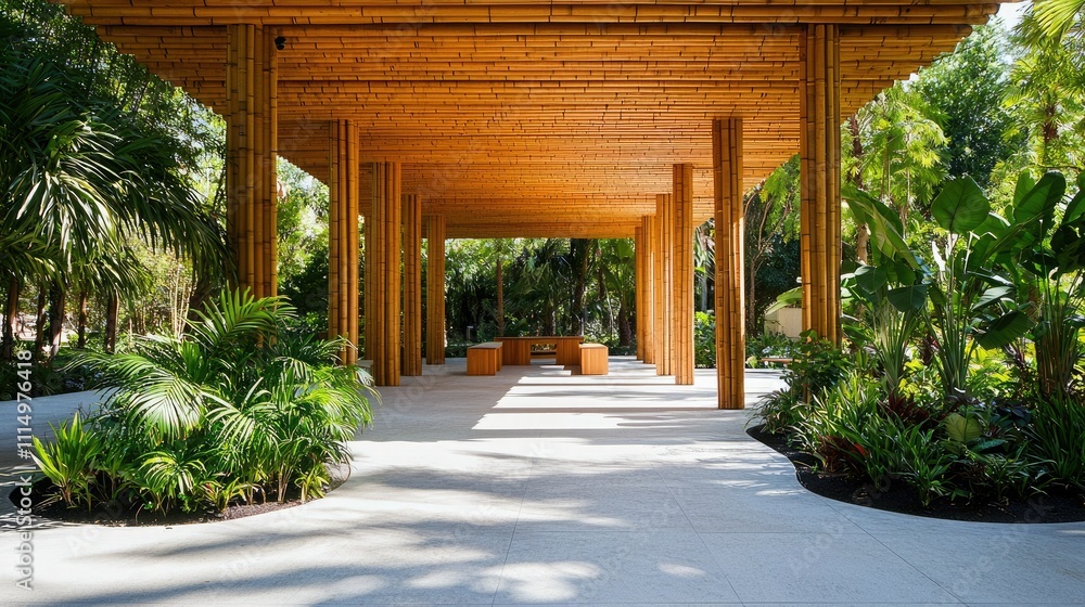 A serene pathway with wooden columns and lush greenery, creating a tranquil atmosphere for relaxation and contemplation. A serene pathway with wooden columns and lush greenery, creating a tranquil atmosphere for relaxation and contemplation.