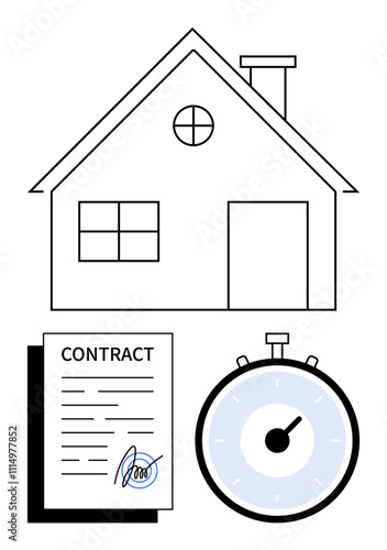 House symbolizes real estate below are a signed contract and a stopwatch. Ideal for real estate, contracts, agreements, time management, property sales, rental, housing. Line metaphor