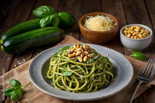 Delicious Zucchini Pesto Pasta with Pine Nuts and Fresh Basil - Healthy Vegetarian Meal with Ingredients on Rustic Wooden Table, keto friendly