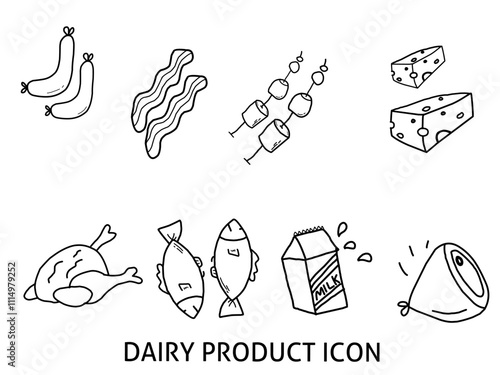 Meat and dairy product icon pack . Sausages, bacon, pig, skewers, cheese block, whole chicken, fish, carton of milk and turkey. Hand drawn meat and dairy product bundle