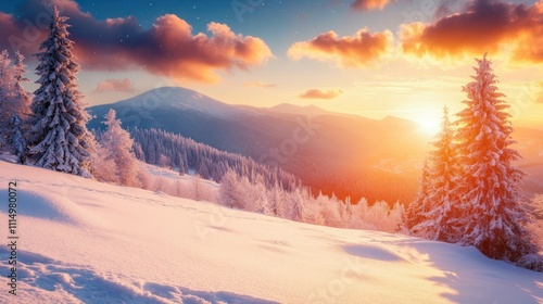Serene winter landscape at sunset with snow-covered mountains.
