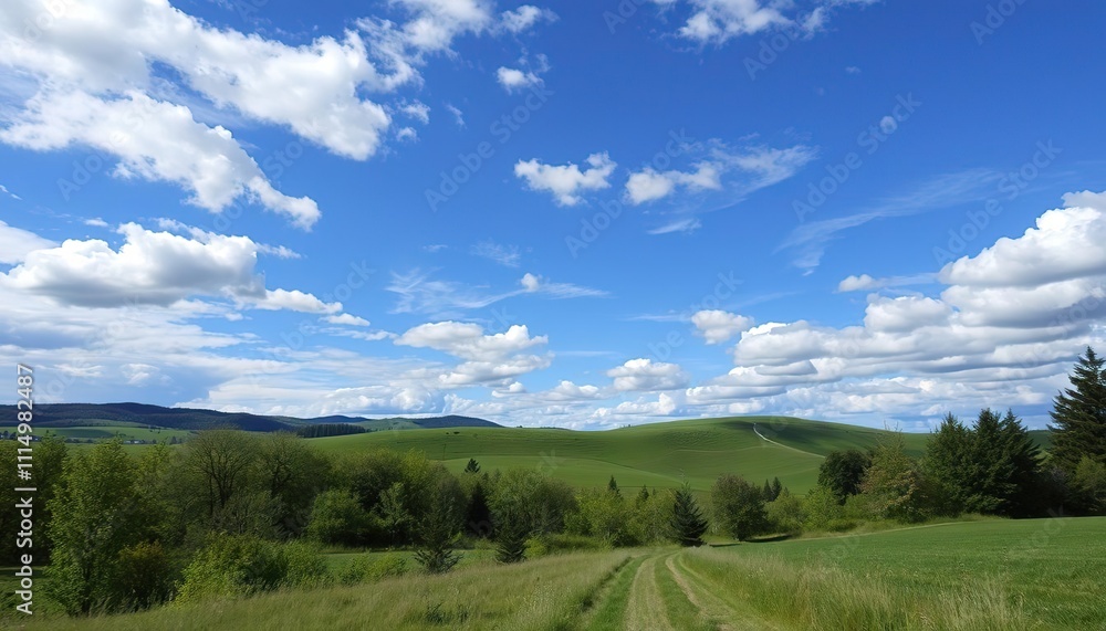 Fototapeta premium Rolling Green Hills Under a Blue Sky with Fluffy Clouds