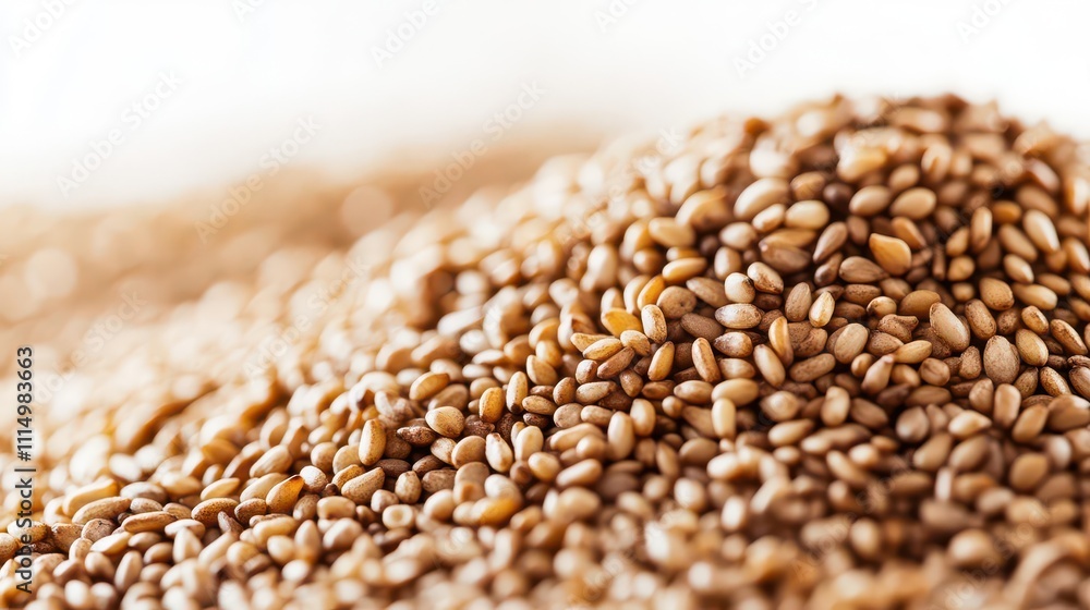 Obraz premium close-up shot of sesame seeds isolated against a white background, showcasing their texture and detail, perfect for culinary or health-related contexts