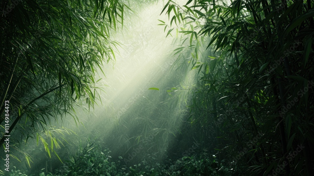 Mystical Bamboo Forest: Sunbeams Piercing Through Lush Greenery Mystical Bamboo Forest: Sunbeams Piercing Through Lush Greenery