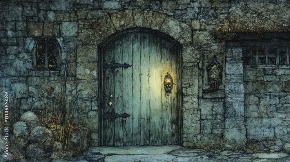 Fototapeta premium A weathered stone building with a large wooden door and lantern, suggesting mystery.