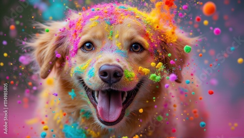 Joyful dog playing in colorful powder explosion outdoors