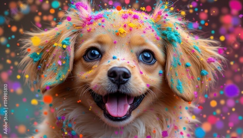 Festive dog celebration vibrant colors pet photography outdoor close-up joyful moments