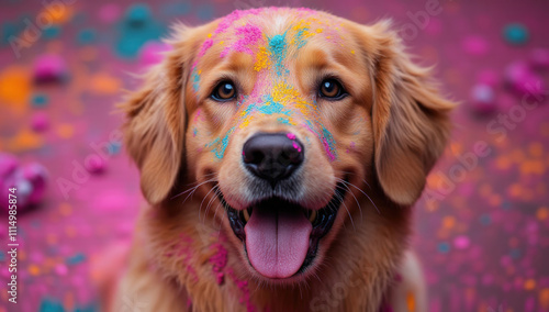 Joyful golden retriever celebrates holi festival vibrant outdoor scene playful atmosphere