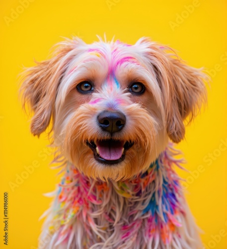 Celebratory dog portrait studio photograph bright colors frontal view joyful expression