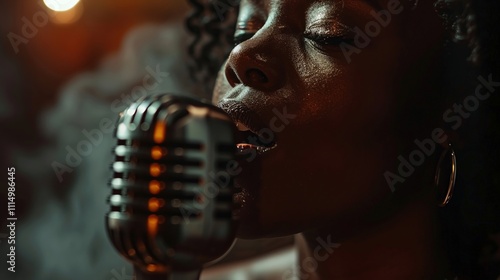 Closeup of a singers emotive expression as they perform into a highend studio microphone  ,close-up
