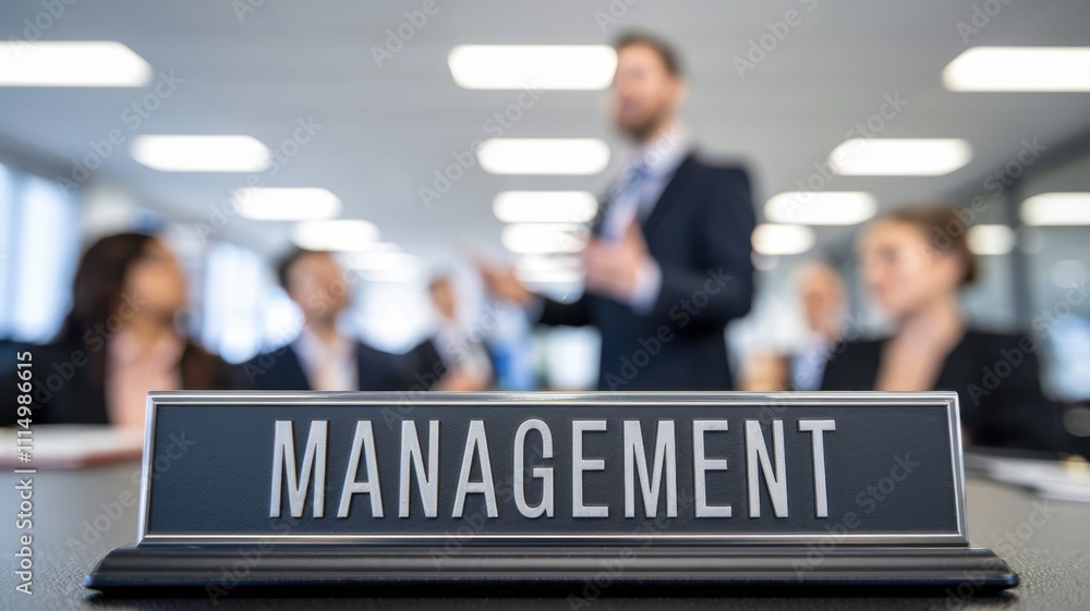 Fototapeta premium A management desk sign in an office setting with a blurred presentation in the background.