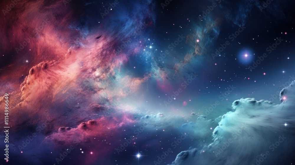 Fototapeta premium A mesmerizing cosmic scene featuring a distant galaxy and swirling nebula, with bright stars scattered across the vastness of space
