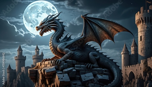 A majestic dragon perches atop a castle ruin under a full moon, surrounded by an atmospheric night sky, creating a fantasy scene.