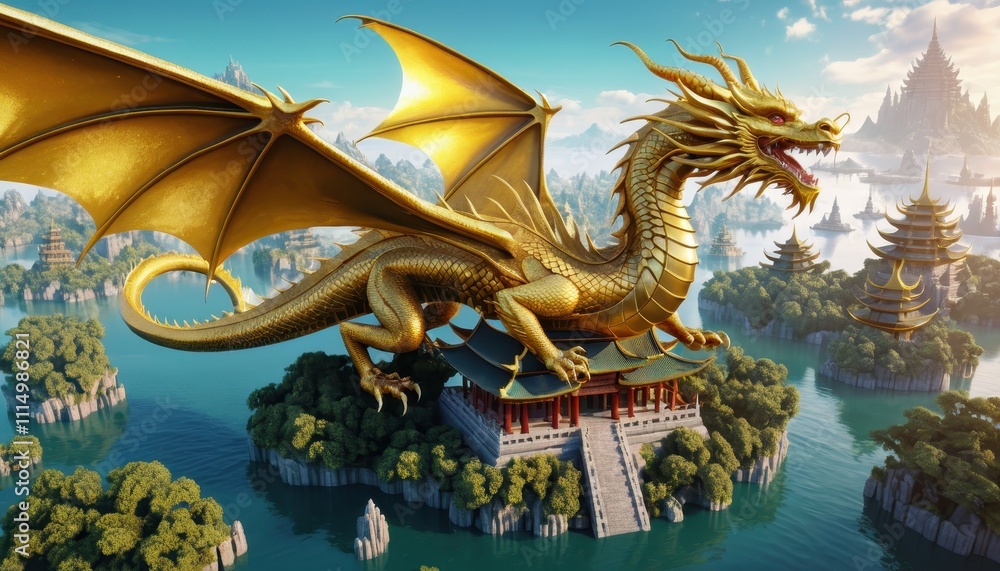 Obraz premium A majestic golden dragon perches atop a temple surrounded by lush landscapes and tranquil waters, evoking a sense of fantasy and adventure.