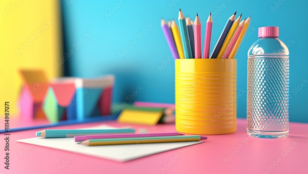 Fototapeta premium Colorful Pencils and Water Bottle on Desk, Bright Background, Stationery Supplies for Drawing and Creativity